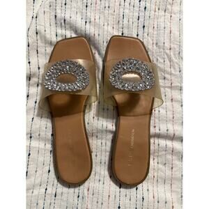 BCBG Women’s Lorinda Rhinestone Brooch Clear Slide Sandal 7.5
